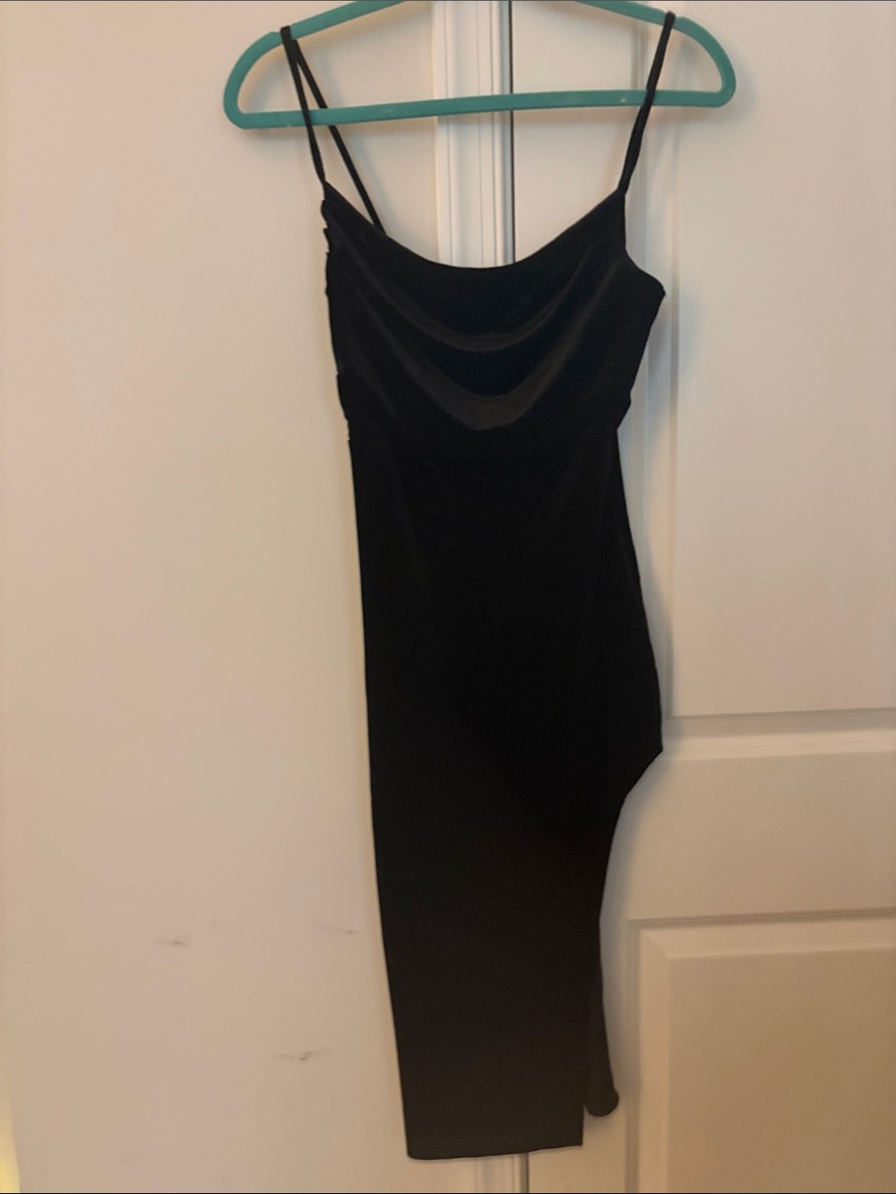 Asymmetrical Black Cowl-Neck Slip Dress